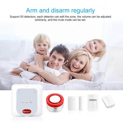 DY-H2 Smart Home Security System with Anti-Theft Protection showing family on bed and wireless sensors, alarm hub and detectors for apartment safety