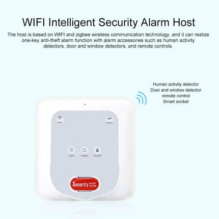 DY-H2 Smart Home Security System with Anti-Theft Protection wireless alarm host showing home, arm, alarm icons and sensor connectivity