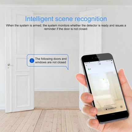DY-H2 Smart Home Security System with Anti-Theft Protection showing mobile alert for open door and intelligent scene recognition