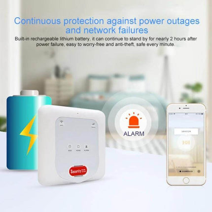 DY-H2 Smart Home Security System with Anti-Theft Protection showing hub, mobile alert, alarm icon and backup battery for continuous protection