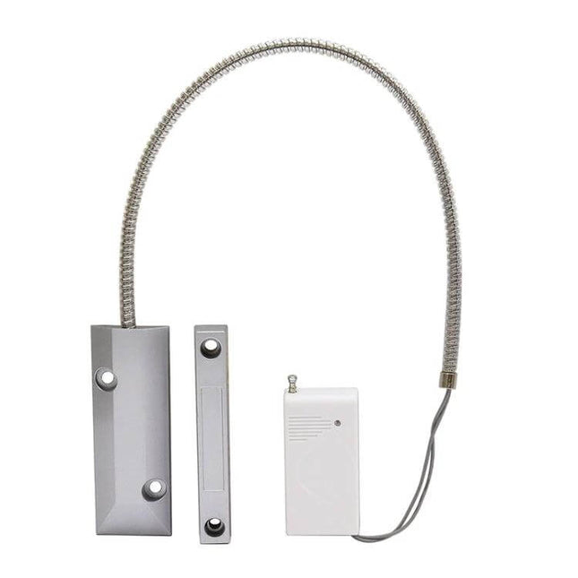 Wireless Magnetic Detector for Shutter Door Security Systems - stainless sensor with flexible armored cable and wireless transmitter for shutter monitoring