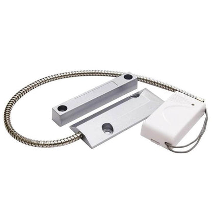 Wireless Magnetic Detector for Shutter Door Security Systems showing silver sensor, magnet contact and white wireless transmitter for door monitoring
