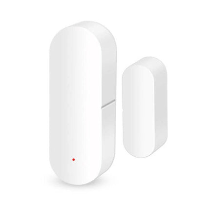 Smart WiFi Door and Window Sensor for Home Security Monitoring showing white magnetic door/window sensor with WiFi connectivity and LED indicator