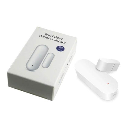 Smart WiFi Door and Window Sensor for Home Security Monitoring on white background with product box and sensor components