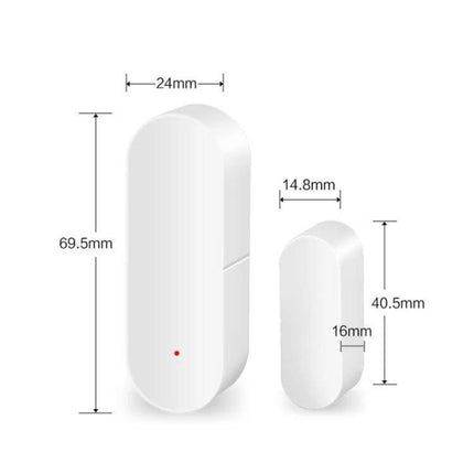 Smart WiFi Door and Window Sensor for Home Security Monitoring white compact sensor set with dimensions shown
