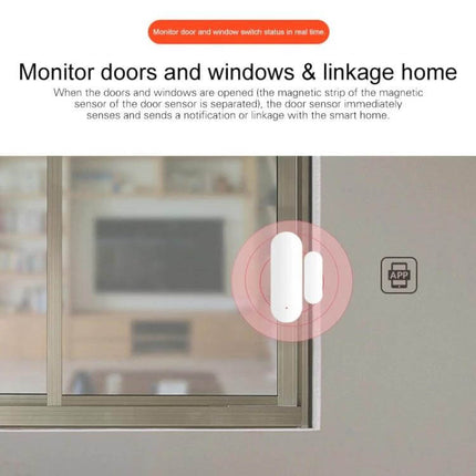Smart WiFi Door and Window Sensor for Home Security Monitoring installed on sliding window sending mobile alerts
