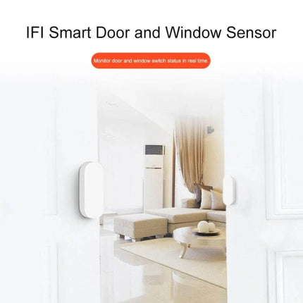 Smart WiFi Door and Window Sensor for Home Security Monitoring - white sensor on door frame showing living room view and mobile alerts