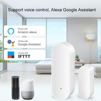 Smart WiFi Door and Window Sensor for Home Security Monitoring showing sensors in living room with Amazon Alexa Google Assistant and IFTTT compatibility