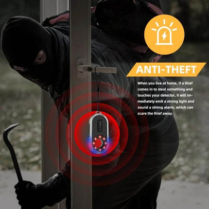 Camera Detector with LED Flashlight for Privacy Protection hanging on door detecting intruder with red alert lights