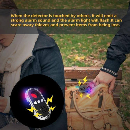 Camera Detector with LED Flashlight for Privacy Protection detecting a thief touching a handbag, alarm flashing and scaring away intruder
