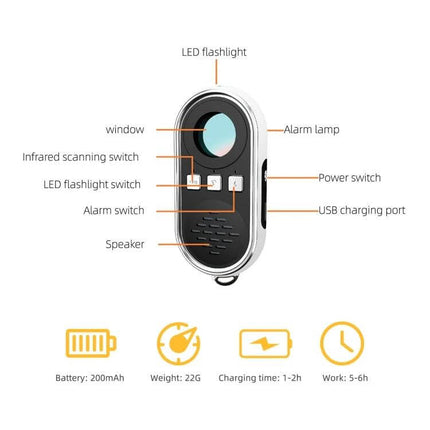 Camera Detector with LED Flashlight for Privacy Protection showing labeled parts: LED flashlight, infrared scanning switch, alarm, USB port, speaker