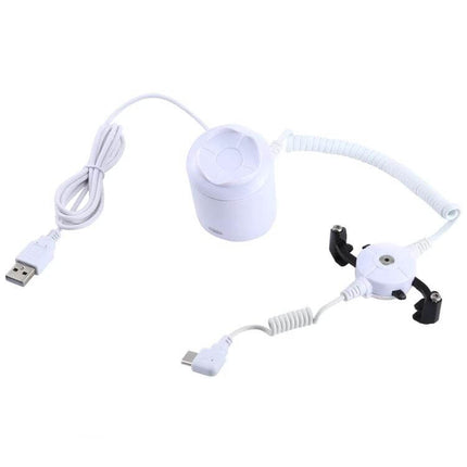 Cylindrical Display Stand with Anti-Theft Alarm for Mobile Phones shown in white with USB cable and coiled security tether