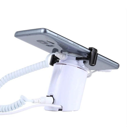 Cylindrical Display Stand with Anti-Theft Alarm for Mobile Phones showcasing smartphone with coiled security cable and alarm base