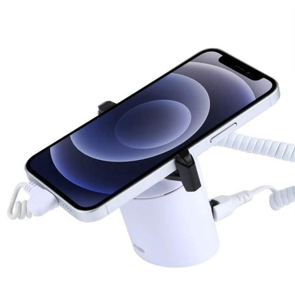 ABS Cylindrical Security Display Stand with Alarm for iPhone 8-Pin showing iPhone secured on white alarmed display stand