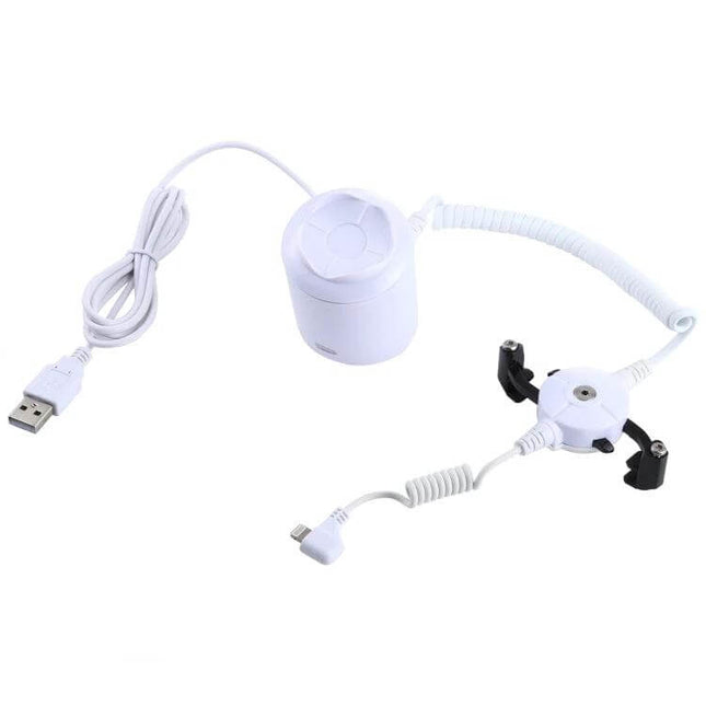 ABS Cylindrical Security Display Stand with Alarm for iPhone 8-Pin - white anti-theft retail display with coiled cable and USB power