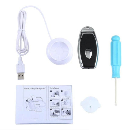ABS Cylindrical Security Display Stand with Alarm for iPhone 8-Pin shown with USB sensor, alarm module, screwdriver and installation guide