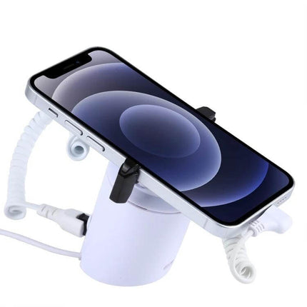 ABS Cylindrical Security Display Stand with Alarm for iPhone 8-Pin showing iPhone on white anti-theft stand with coiled alarm cables