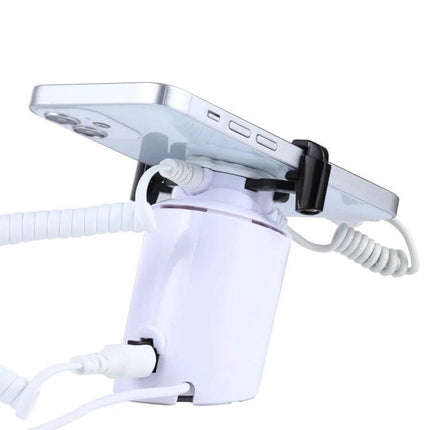 ABS Cylindrical Security Display Stand with Alarm for iPhone 8-Pin showing white stand mounted to iPhone with coiled alarm cable