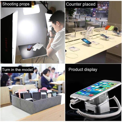 ABS Cylindrical Security Display Stand with Alarm for iPhone 8-Pin shown securing iPhones on retail counter with alarmed tether