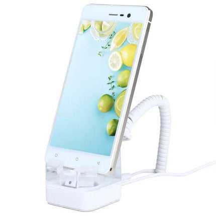 S10 Anti-Theft Display Stand for Mobile Phones with Charging showing white retail stand with coiled security cable and smartphone on display