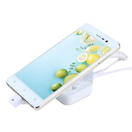 S10 Anti-Theft Display Stand for Mobile Phones with Charging showing white phone on secured charging display with coiled tether and touch sensor alarm