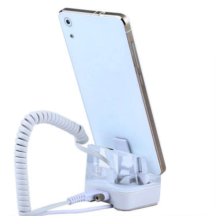 S10 Anti-Theft Display Stand for Mobile Phones with Charging showing white phone secured, coiled security cable and charging connector on retail counter