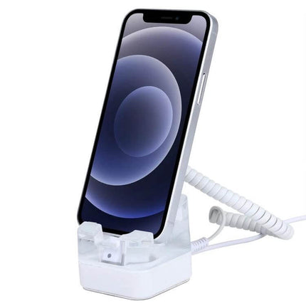 Secure Anti-Theft Display Stand for iPhone Devices with Alarm shown holding an iPhone on a white retail security dock