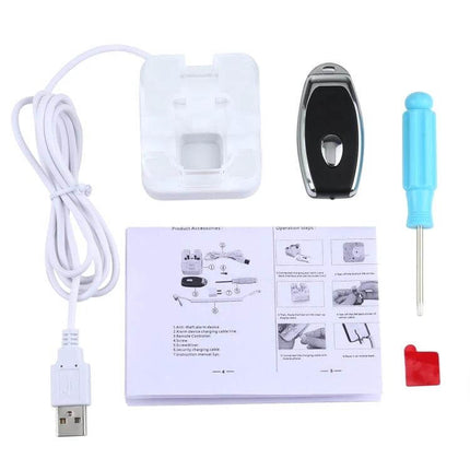 Secure Anti-Theft Display Stand for iPhone Devices with Alarm showing USB cable, dock, alarm unit, screwdriver and instructions