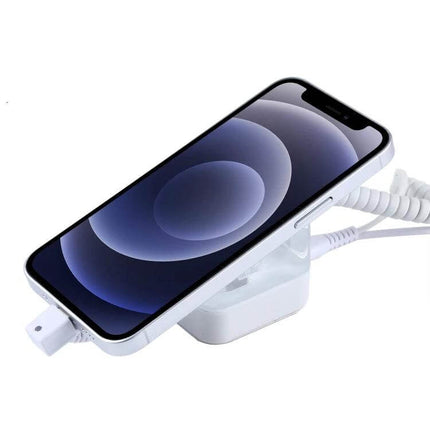 Secure Anti-Theft Display Stand for iPhone Devices with Alarm showing white stand and secured iPhone with alarm cable