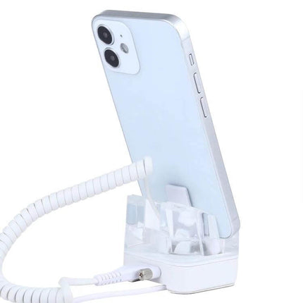 Secure Anti-Theft Display Stand for iPhone Devices with Alarm showing white iPhone secured on alarmed retail display stand