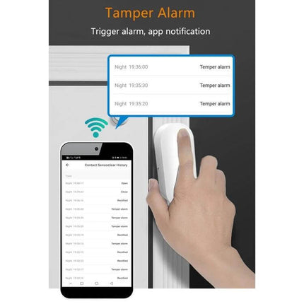 Wireless Smart Magnetic Sensor for Doors and Windows Security showing tamper alarm notification on smartphone when magnet is moved