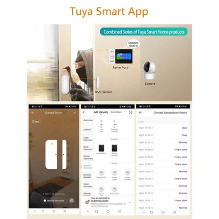 Wireless Smart Magnetic Sensor for Doors and Windows Security shown with Tuya Smart App monitoring door sensor alerts