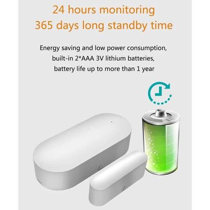 Wireless Smart Magnetic Sensor for Doors and Windows Security showing long battery life 365 days standby with 2xAAA lithium batteries