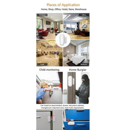 Wireless Smart Magnetic Sensor for Doors and Windows Security showing installation examples for home, office, hotel, bedroom, child monitoring and burglar alerts