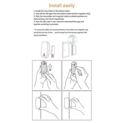 Wireless Smart Magnetic Sensor for Doors and Windows Security - diagram showing easy installation steps placing transmitter and magnetic strip on door/window frame