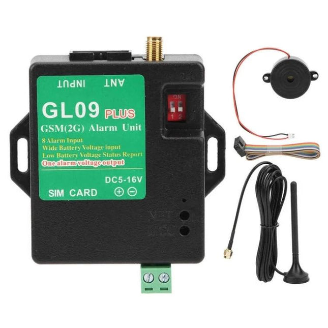 GL09 Plus GSM Alarm for Everyday Security Monitoring - compact GSM(2G) alarm unit with antenna, SIM slot, sensor wires and buzzer for home or warehouse security