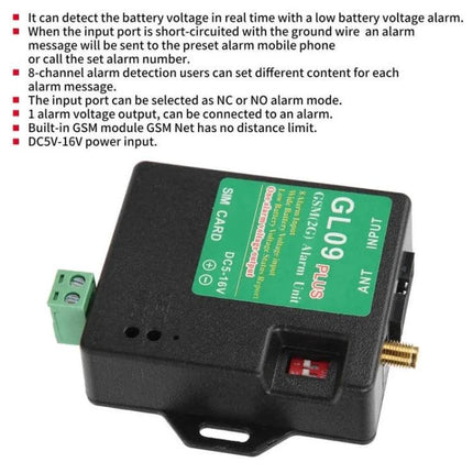 GL09 Plus GSM Alarm for Everyday Security Monitoring black GSM alarm module with SIM card slot, antenna and 8-channel inputs