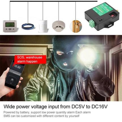 GL09 Plus GSM Alarm for Everyday Security Monitoring showing sensors, GSM module and mobile SMS alert during warehouse intrusion