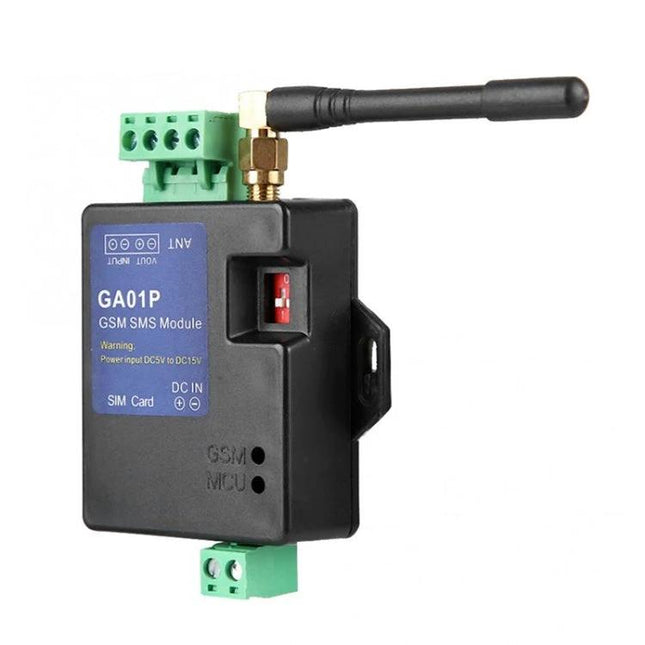 GSM SMS Alarm Module for Custom Security Notifications - GA01P GSM SMS alarm module with antenna, SIM slot and DIN mount for door/power loss alerts