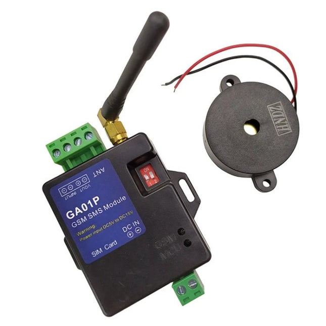 GSM SMS Alarm Module for Custom Security Notifications - GA01P GSM alarm module with antenna, SIM slot and piezo siren for door or power-loss alerts