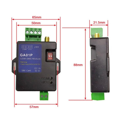 GSM SMS Alarm Module for Custom Security Notifications - compact GA01P GSM SMS module with SIM slot, input terminals and antenna, 88x65x21.5mm