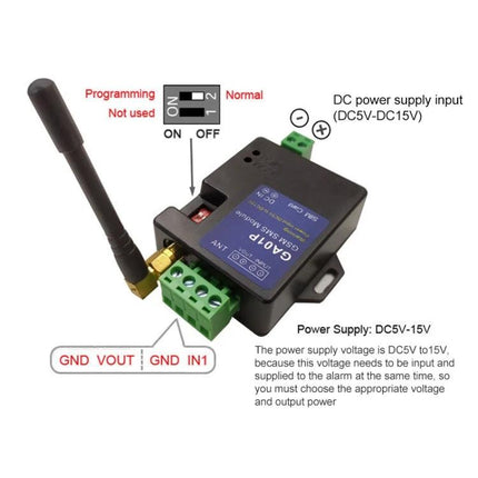 GSM SMS Alarm Module for Custom Security Notifications - compact GSM module with antenna, DC input and terminal connectors for SMS/call alerts