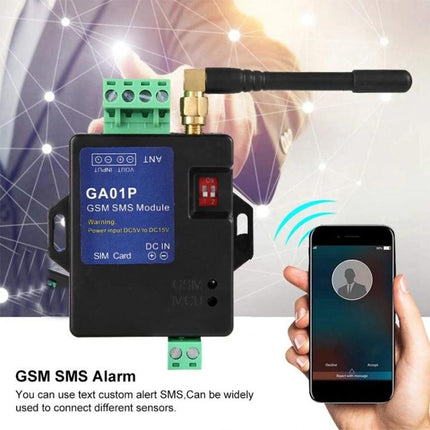 GSM SMS Alarm Module for Custom Security Notifications - GA01P GSM SMS module with antenna sending SMS alerts for door, power loss, and sensor triggers