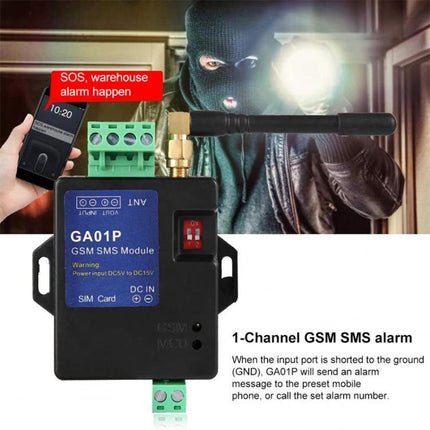 GSM SMS Alarm Module for Custom Security Notifications - GA01P 1-channel GSM SMS alarm sending SMS/call alerts for door opening or power loss