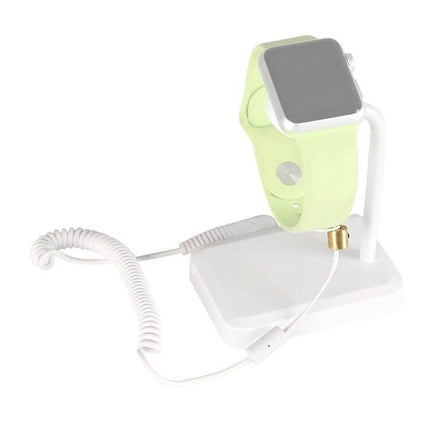 Anti-Theft Security Alarm for Apple Watch Protection displayed on white stand with green watch band, waterproof ABS anti-theft device