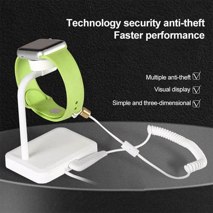 Anti-Theft Security Alarm for Apple Watch Protection displayed on stand with coiled tether and green band, waterproof ABS anti-theft device