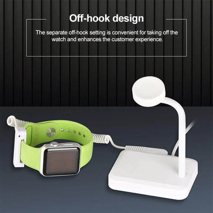 Anti-Theft Security Alarm for Apple Watch Protection showing off-hook design with white alarm stand and green-banded Apple Watch