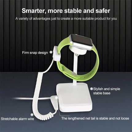 Anti-Theft Security Alarm for Apple Watch Protection display stand with stretchable alarm wire and firm snap design, waterproof ABS, prevents unauthorized removal