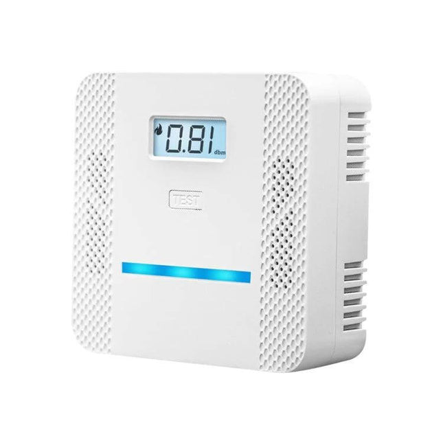 2-in-1 Carbon Monoxide and Smoke Detector for Home Safety Alerting compact white wall unit with digital display and blue status light