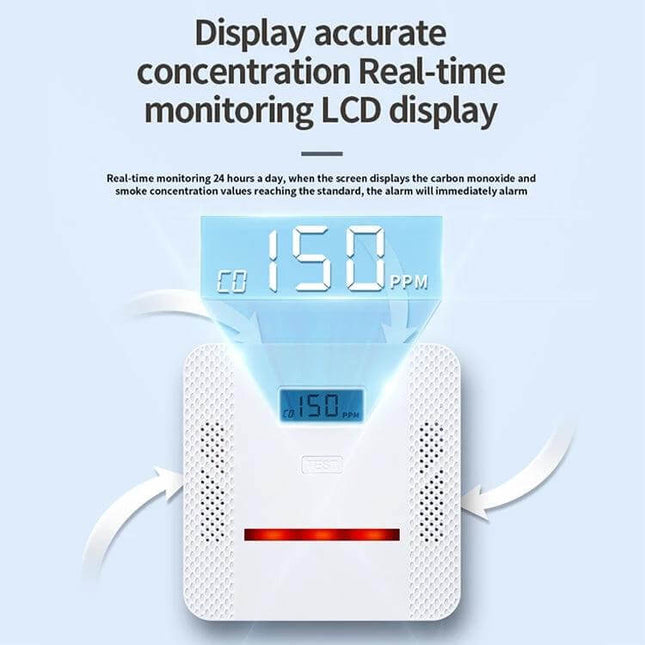 2-in-1 Carbon Monoxide and Smoke Detector for Home Safety Alerting with LCD showing CO 150 PPM and red alarm light